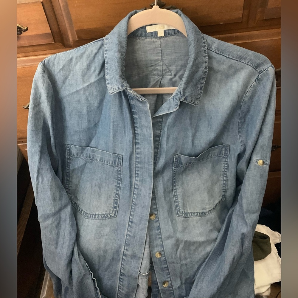 Chambray Blue Women's Blouse w fringe detail - Picture 1 of 5